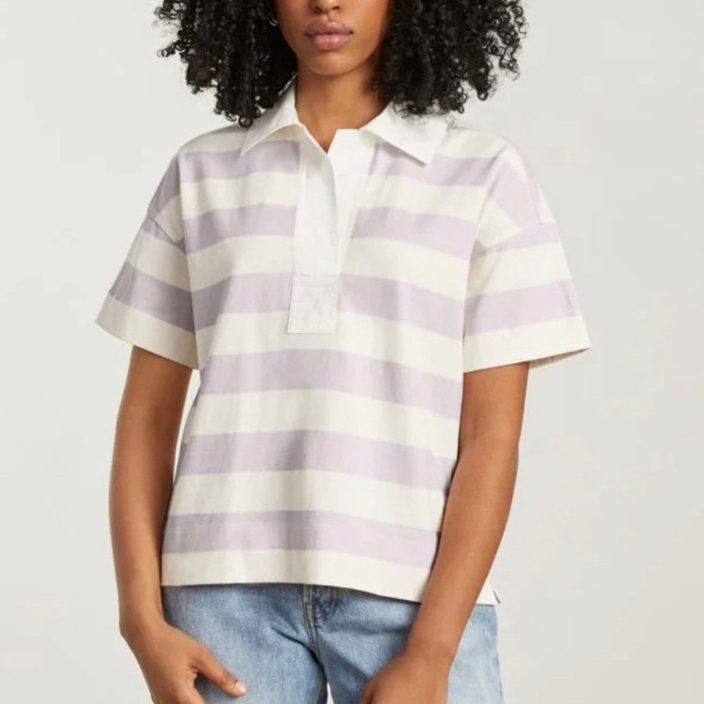 Everlane Short Sleeve Polo Tee in Lavender and White Stripes